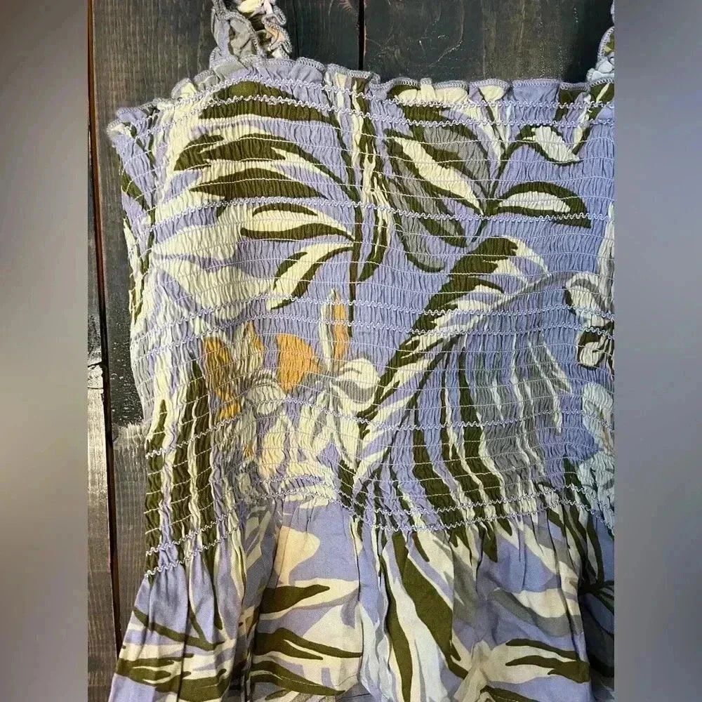 Tropical Palm Print Smocked Tank Top with Ruffle Straps Summer Beach Vacation - Picture 2 of 6